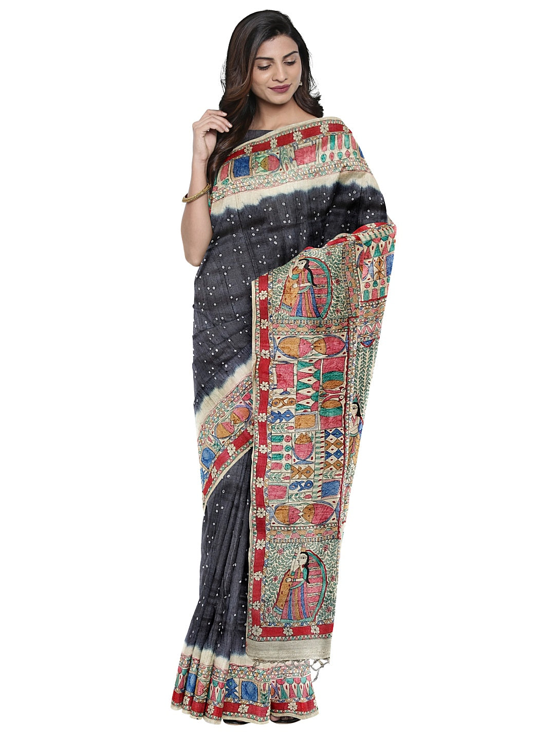 Handpainted Madhubani Saree on Tussar Munga Silk – Godhna Style with Bandhani Fusion